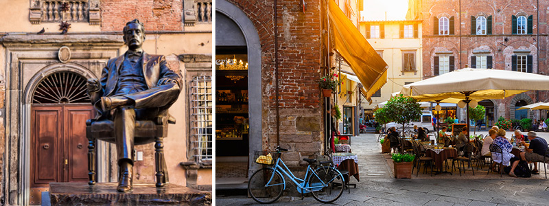 Torget i Lucca med de gula fasaderna och uteserveringarna.